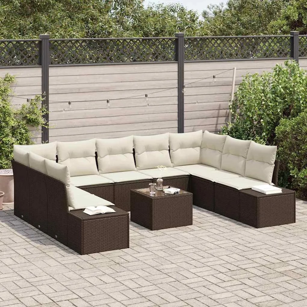 vidaXL Σετ Καναπέ Κήπου με μαξιλάρι 10 pcs Καφέ Πολυ ράταν