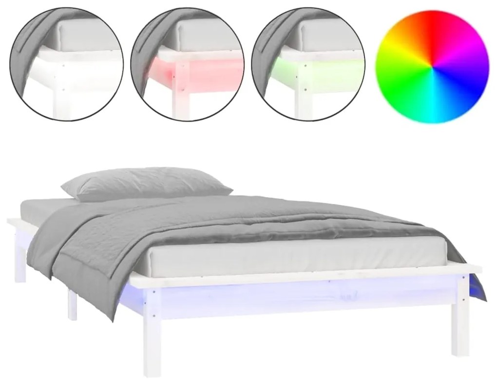 vidaXL Πλαίσιο Κρεβατιού LED Λευκό 75x190 εκ. Μικρό Μονό Μασίφ Ξύλο