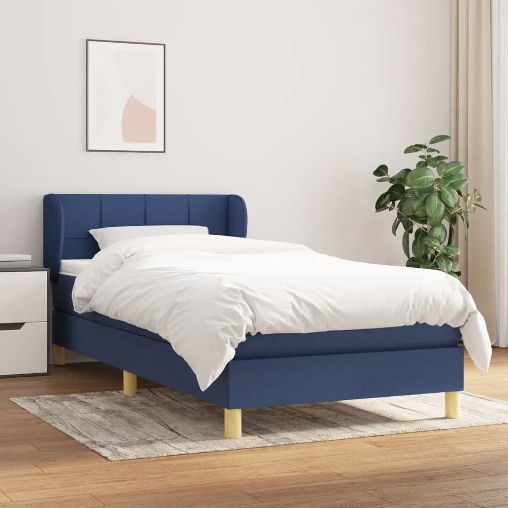 Κρεβάτι Boxspring με Στρώμα Μπλε 90x200 εκ.Υφασμάτινο - Μπλε