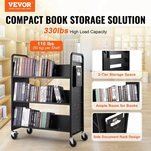 VEVOR Book Cart, 330 lbs Library Cart, 39.4&quot; x 20.1&quot; x 49.2&quot; Rolling Book Cart, Double Sided W-Shaped Sloped Shelves with 4-Inch Lockable Wheels for Home Shelves Office School, Book Truck in Black