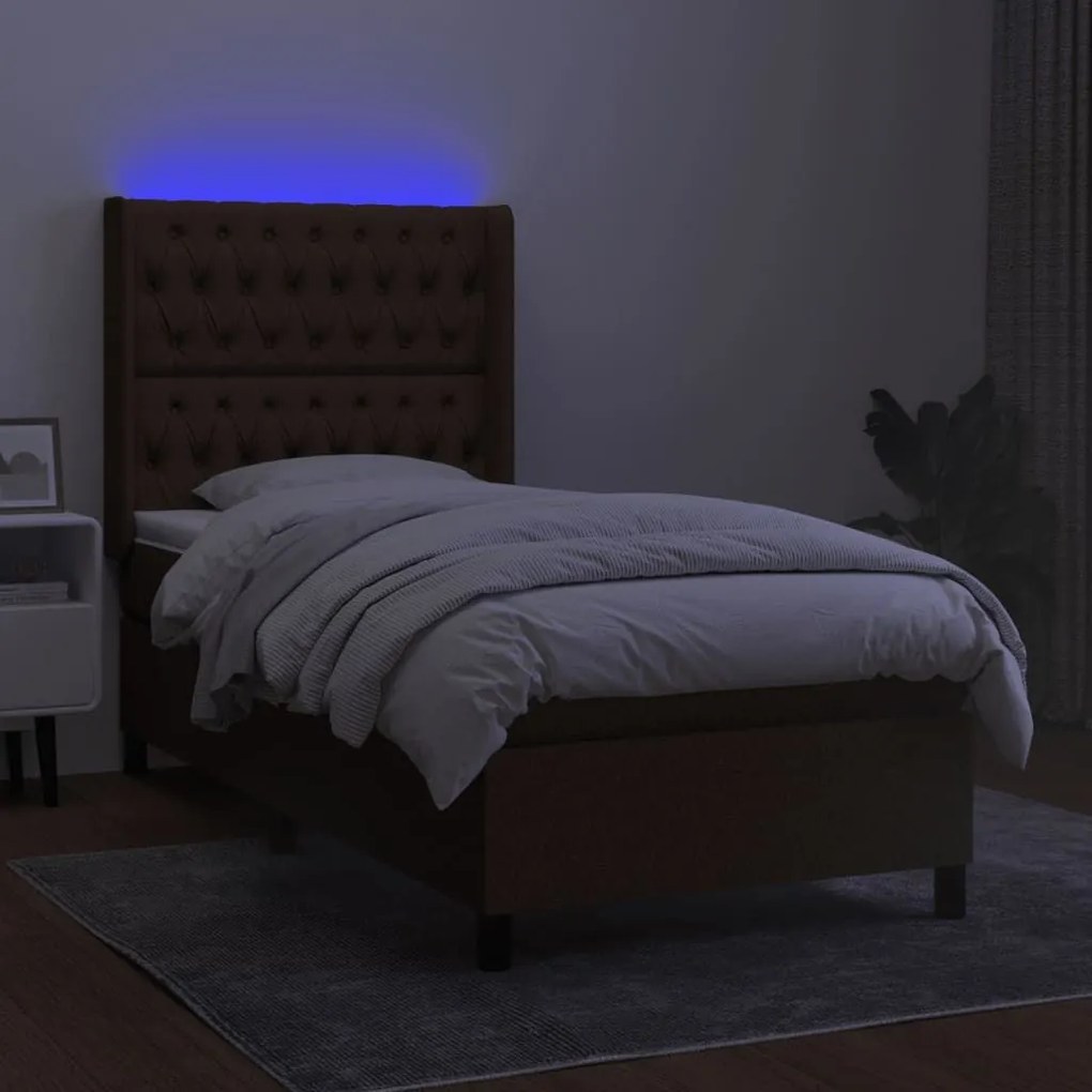 Κρεβάτι Boxspring με Στρώμα &amp; LED Σκ.Καφέ 80x200 εκ. Υφασμάτινο - Καφέ