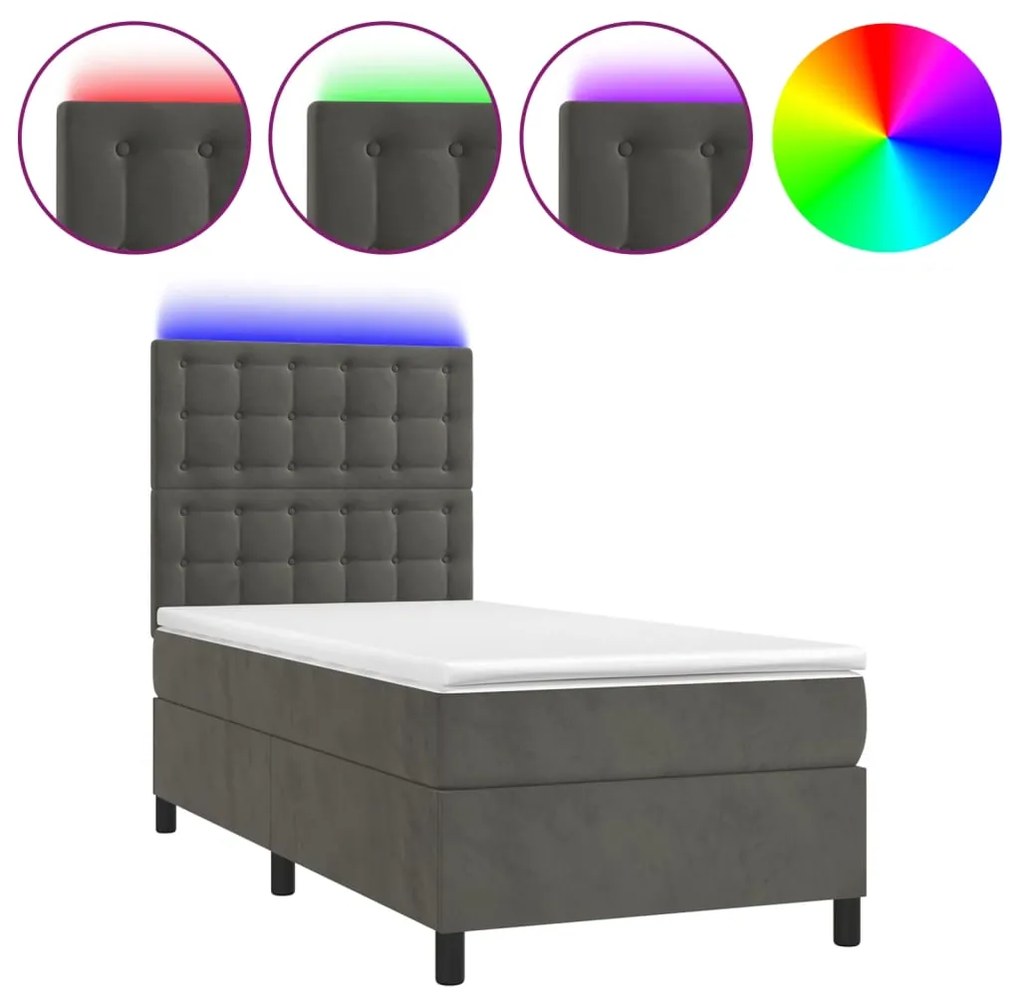 Κρεβάτι Boxspring με Στρώμα &amp; LED Σκ. Γκρι 90x190 εκ. Βελούδινο - Γκρι