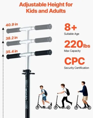 VEVOR Kick Scooter for Kids Ages 8+, Teens &amp; Adults, 2-Wheel Toddler Scooter with Adjustable Height Handlebar, Wide Anti-Slip Deck, Foldable Lightweight Frame for Boys &amp; Girls up to 99.8 kg, Black