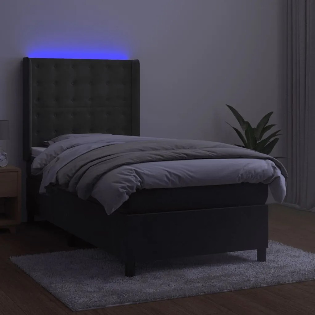 vidaXL Κρεβάτι Boxspring με Στρώμα & LED Σκ. Γκρι 90x200 εκ. Βελούδινο