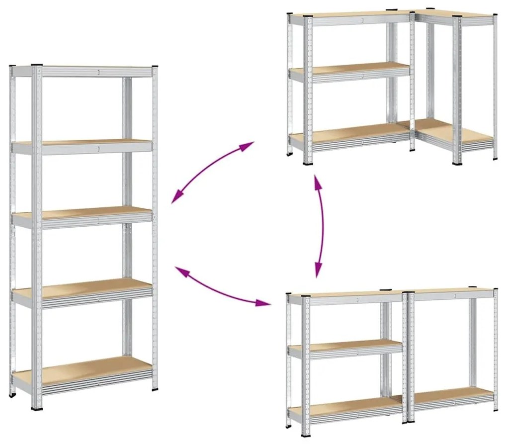 Ράφια αποθήκευσης 5 επιπέδων 2 τμχ Ασημί χάλυβας &amp; Τεχνικό ξύλο - Ασήμι