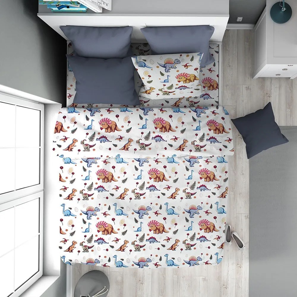 Παπλωματοθήκη Παιδική Dinosaur 519 White-Blue DimCol Μονό 160x240cm 100% Βαμβάκι