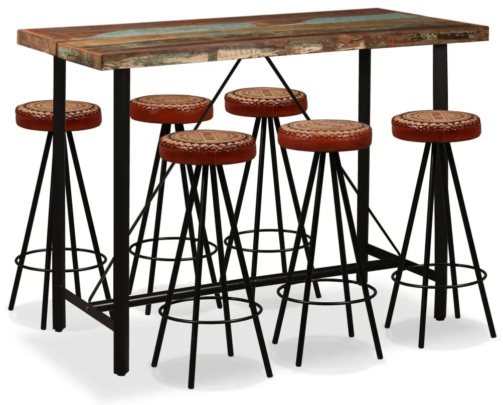 vidaXL Σετ Επίπλων Μπαρ 7 τεμ. Ανακυκλ. Ξύλο/Γνήσιο Δέρμα/Καραβόπανο