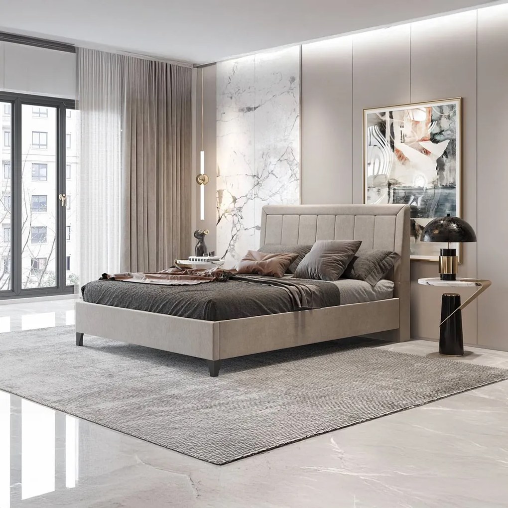 Επενδυμένο Κρεβάτι FRAME Διπλό Ύφασμα Εκρού 160x200εκ. 170x220x115 εκ.