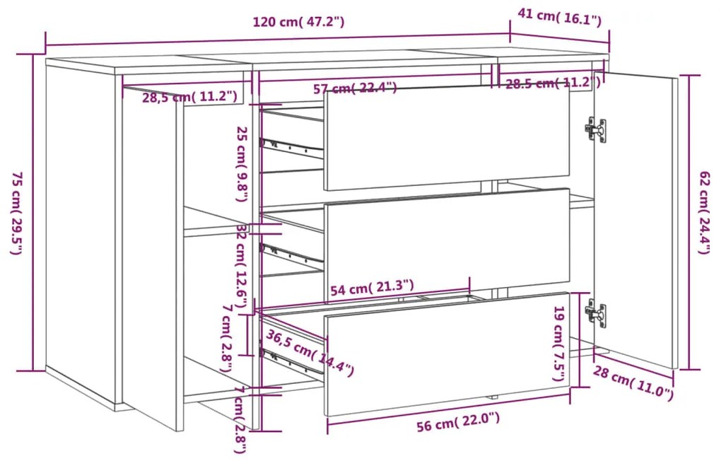 vidaXL Συρταριέρα με 3 Συρτάρια Γκρι Sonoma 120x41x75εκ από Επεξ. Ξύλο