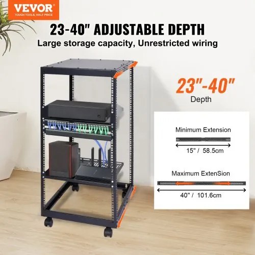VEVOR 20U Open Frame Server Rack, 15&#039;&#039;-40&#039;&#039; Adjustable Depth, Free Standing or Wall Mount Network Server Rack, 4 Post AV Rack with Casters, Holds All Your Networking IT Equipment AV Gear Router Modem