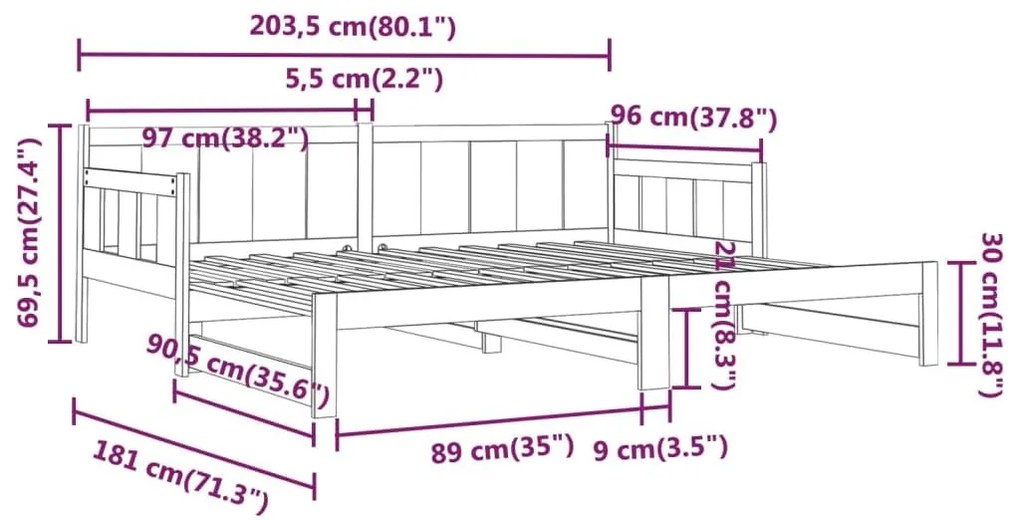 Καναπές Κρεβάτι Συρόμενος Μαύρος 2x(90x200) εκ. από Μασίφ Πεύκο - Μαύρο