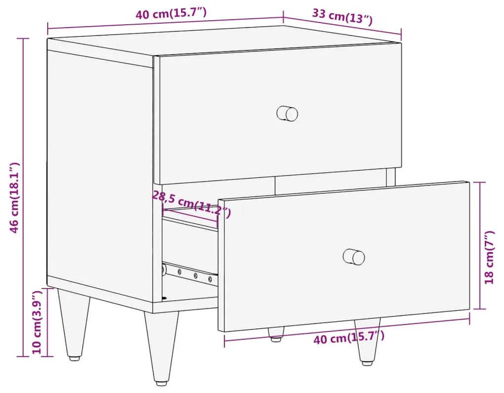 Κομοδίνα 2 τεμ. 40 x 33 x 46 εκ. από Μασίφ Ξύλο Μάνγκο - Καφέ