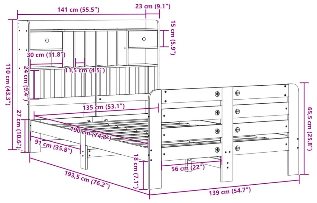 Κρεβάτι Βιβλιοθήκη Χωρίς Στρώμα Λευκό 135x190 εκ Μασίφ Πεύκο - Λευκό