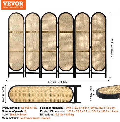 VEVOR 6 Panel Room Divider Hand-Woven Rattan Folding Privacy Screens Brown