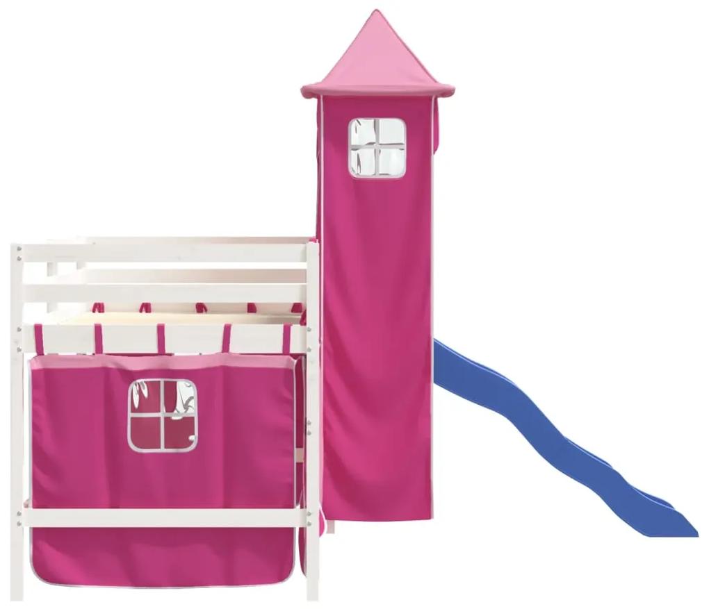 vidaXL Υπερυψωμένο Κρεβάτι με Πύργο Ροζ 90x200 εκ. Μασίφ Ξύλο Πεύκου