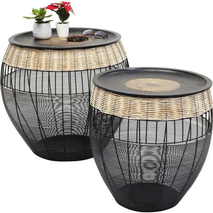 Βοηθητικά Τραπεζάκια African Drums Μαύρα (Σετ 2) 40x40x42 εκ. - Μπεζ