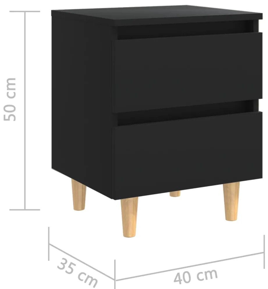 Κομοδίνα 2 τεμ. Μαύρα 40x35x50εκ. Πόδια από Μασίφ Ξύλο Πεύκου - Μαύρο