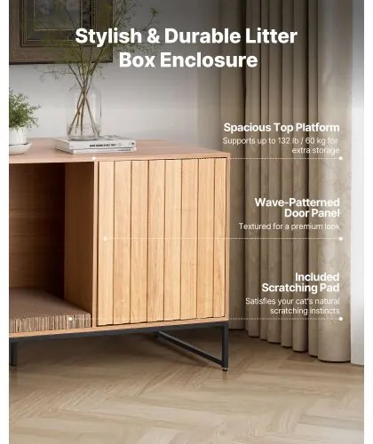 VEVOR Cat Litter Box Enclosure Furniture, 120 cm Hidden Litter Box Cabinet with Scratch Pad & Storage, Waterproof Cat Washroom End Table Cat House, Fit Most of Litterbox, for Bedroom Living Room