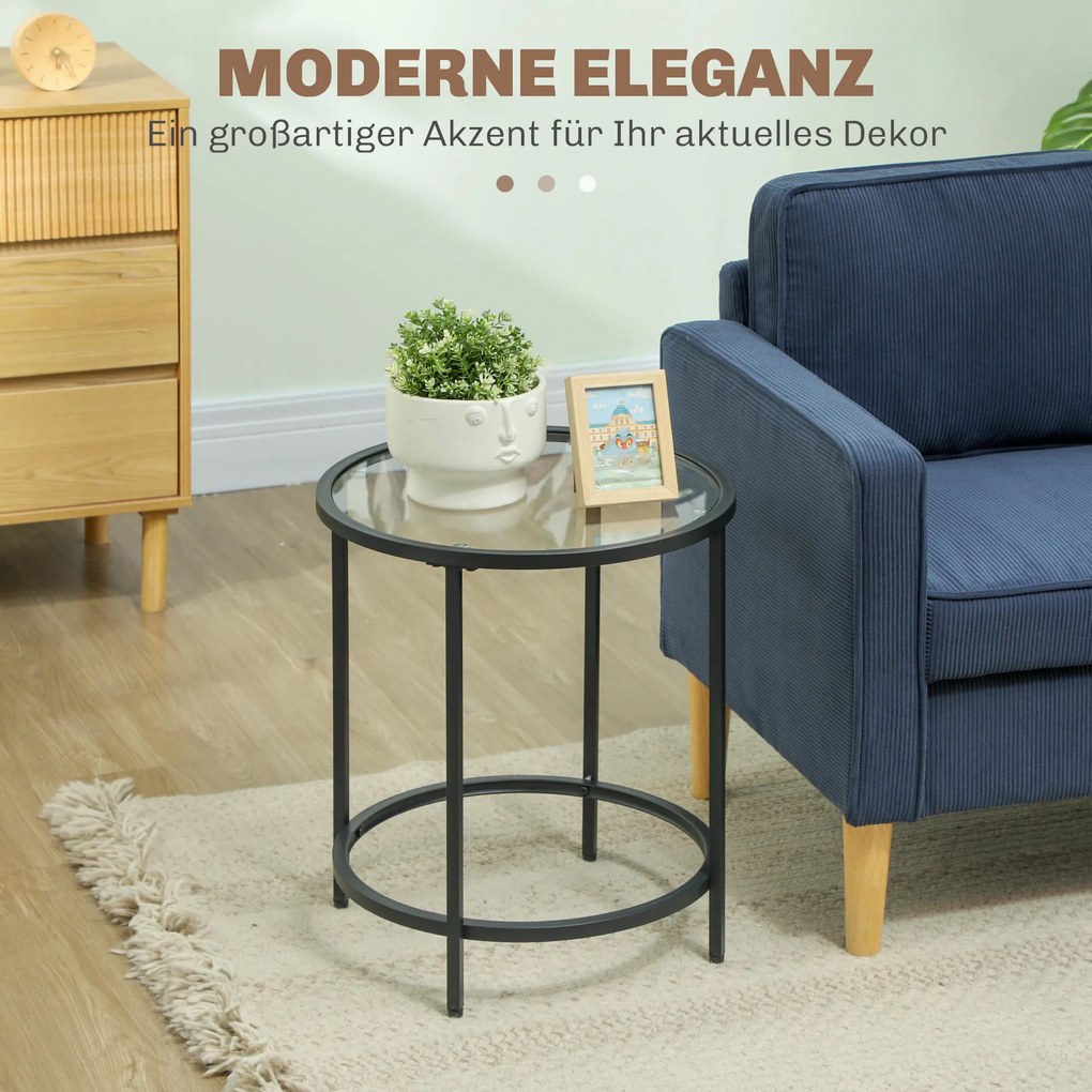 HOMCOM Στρογγυλό βοηθητικό τραπέζι με γυάλινη επιφάνεια και μεταλλικό σκελετό, μικρό τραπεζάκι σαλονιού για σαλόνι, υπνοδωμάτιο, Μαύρο