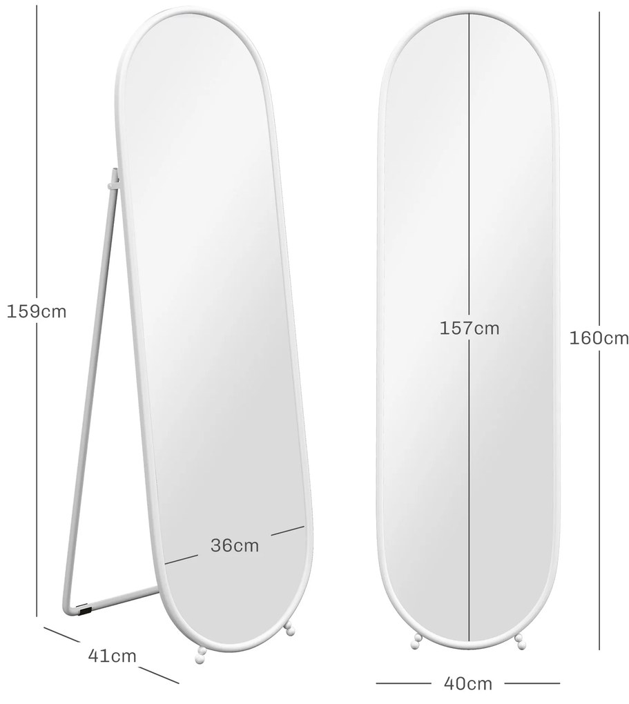 HOMCOM Καθρέφτης ολόσωμος, οβάλ σχήμα, αυτόνομος, μεταλλικό πλαίσιο, 40x160cm, Χρώμα: Λευκό