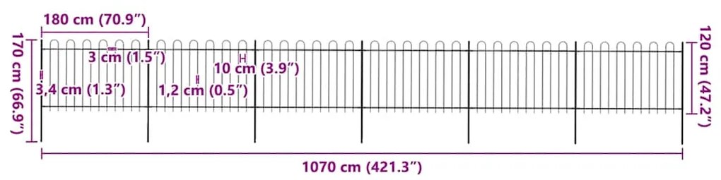 vidaXL Φράχτης Κήπου με Κορυφή από Ατσάλι 1070x120 εκ. Μαύρος