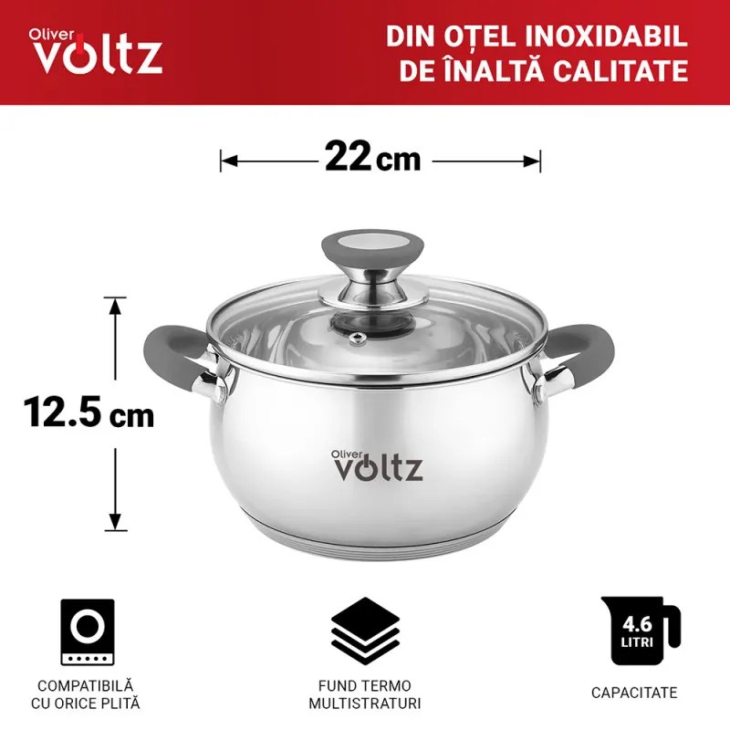 Κατσαρόλα Oliver Voltz OV51210N22, 22 cm, 4.6 l, Επαγωγή, Γκρι λαβές από σιλικόνη, Inox/Γκρί