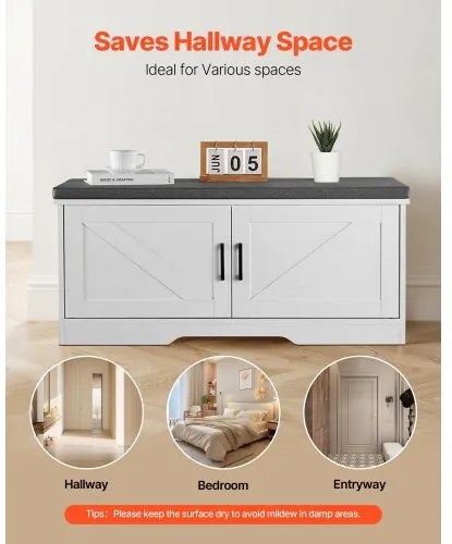 VEVOR Shoe Storage Bench, 1000 x 355 x 460 mm Shoe Organizer with Padded Seat Cushion, Entryway Bench with 2 Barn Doors and Height Adjustable Shelf, for Hallway, Living Room, Bedroom, White + Black