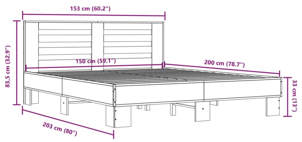 Πλαίσιο Κρεβατιού Γκρι Sonoma 150x200 εκ. Επεξ. Ξύλο &amp; Μέταλλο - Γκρι