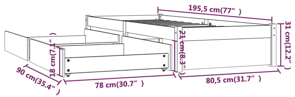 Πλαίσιο Κρεβατιού Με Συρτάρια Μαύρο 75x190 εκ Small Single - Λευκό