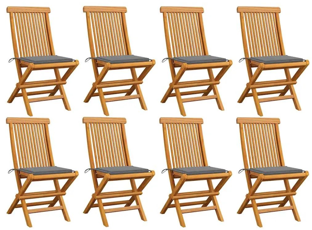 vidaXL Καρέκλες Κήπου 8 τεμ. Μασίφ Ξύλο Teak με Γκρι Μαξιλάρια