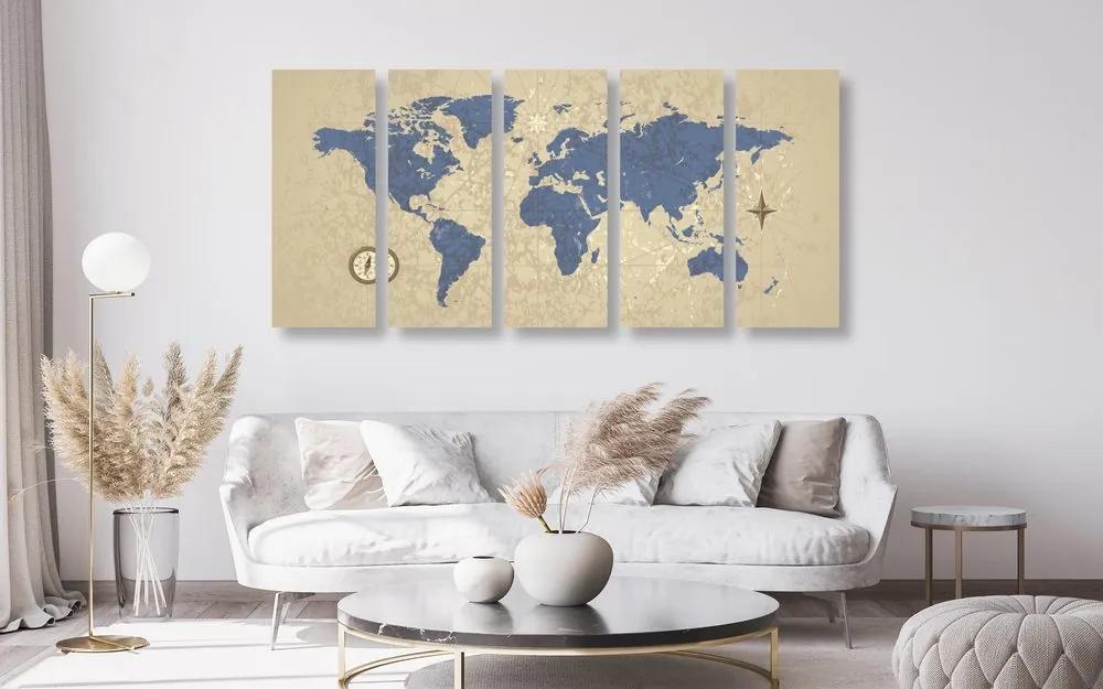 Χάρτης εικόνων 5 μερών του κόσμου με πυξίδα σε στυλ ρετρό