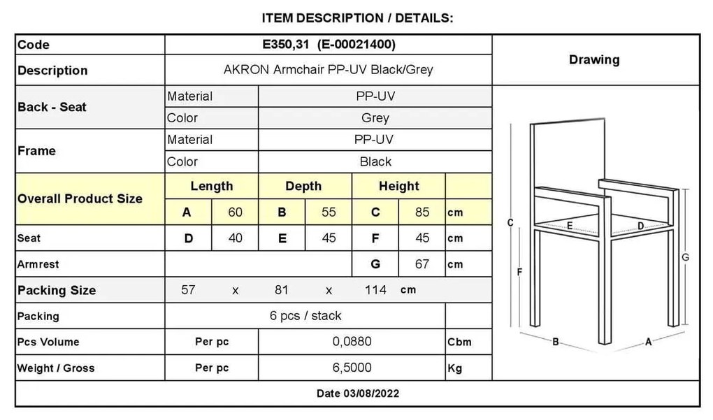 Πολυθρόνα AKRON PP-UV Μαύρο/Γκρι 60x55x85cm