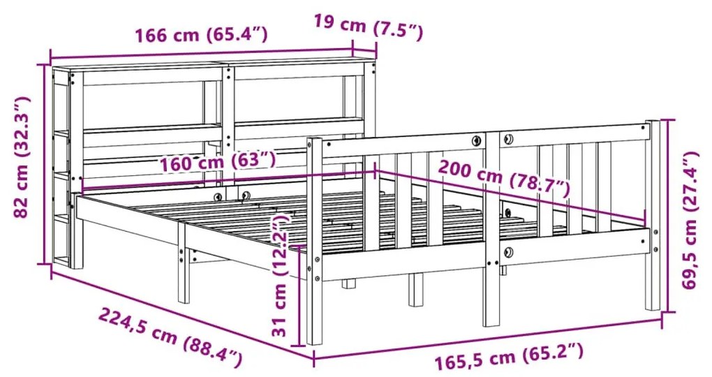 Πλαίσιο Κρεβατιού με Κεφαλάρι Λευκό 160x200 εκ. από Μασίφ Πεύκο - Λευκό