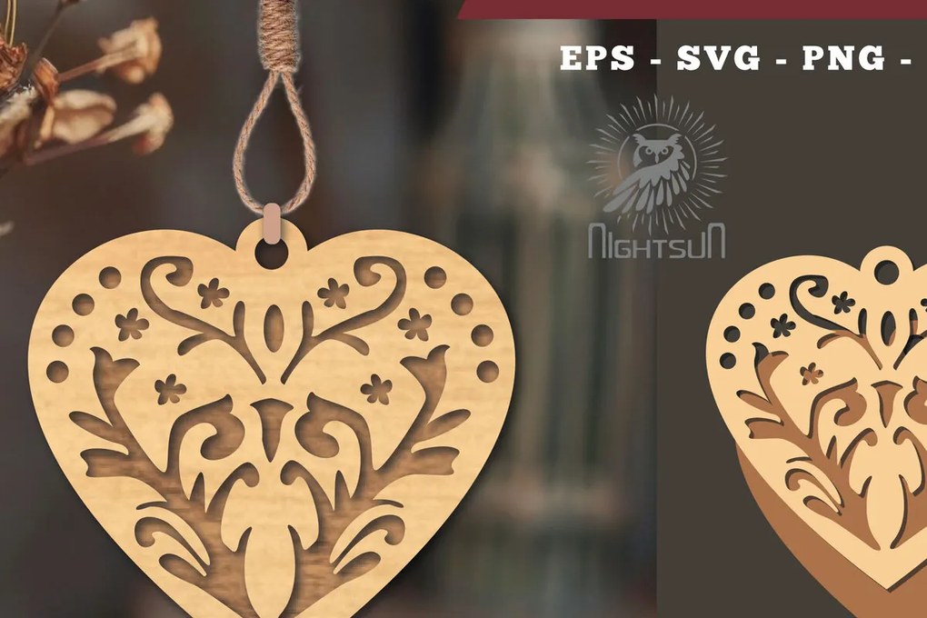 Σετ των 2 Intra απο ξύλο plywood  Χρώμα wenge 3mm-4mm πάχος - Στολίδι με φλοράλ καρδιές κοπής με λέιζερ 2 Δίασταση 6x6 cm INTRAFABR-121996142