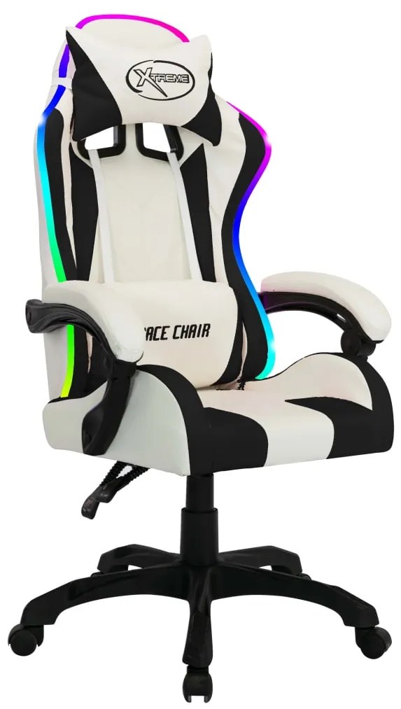 vidaXL Καρέκλα Racing με Φωτισμό RGB LED Ασπρόμαυρη Συνθετικό Δέρμα