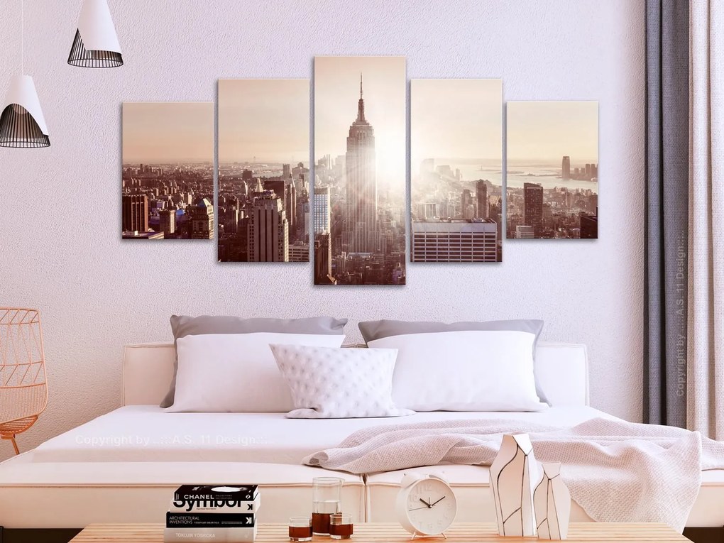 Πίνακας - Sun over Manhattan (5 Parts) Wide Brown 100x50