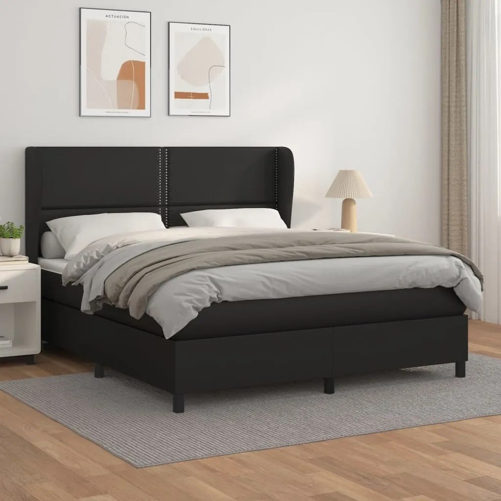 Κρεβάτι Boxspring με Στρώμα Μαύρο 180x200εκ.από Συνθετικό Δέρμα - Μαύρο