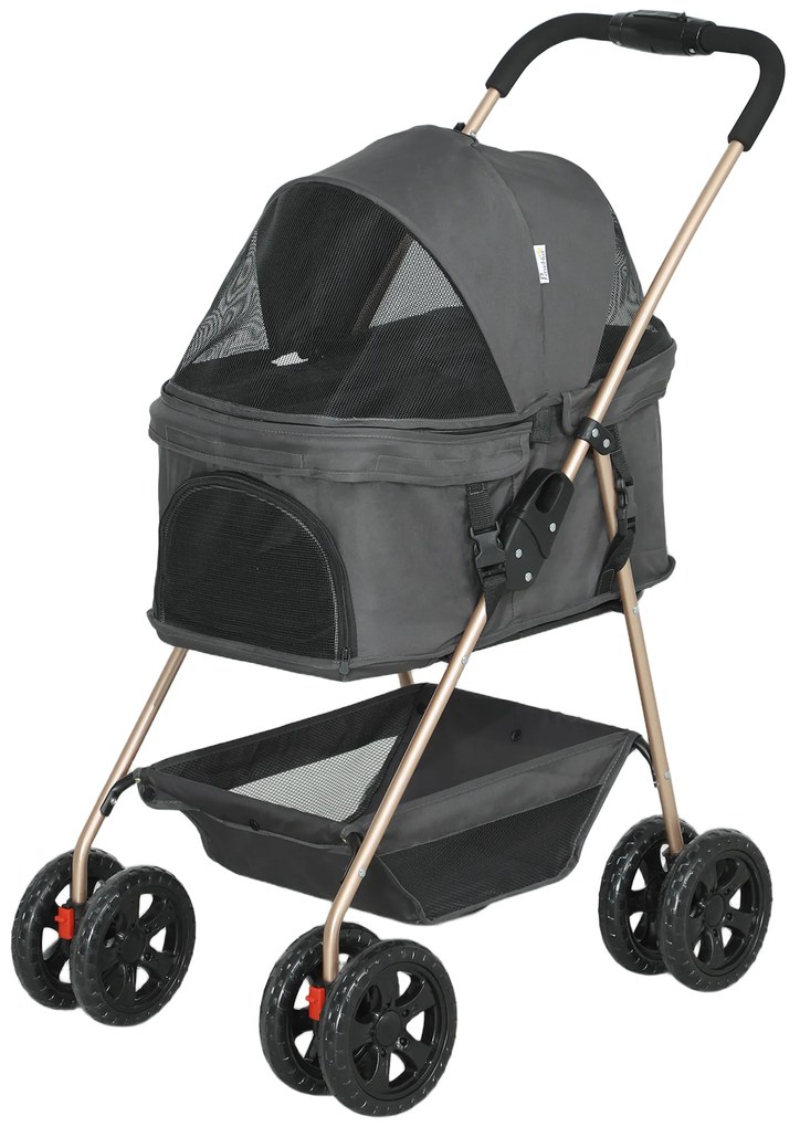 Καρότσι κατοικίδιου PawHut 3-σε-1, αναδιπλούμενο καρότσι σκύλου με 4 τροχούς και αφαιρούμενη κουκούλα για σκύλους και γάτες, Γκρι