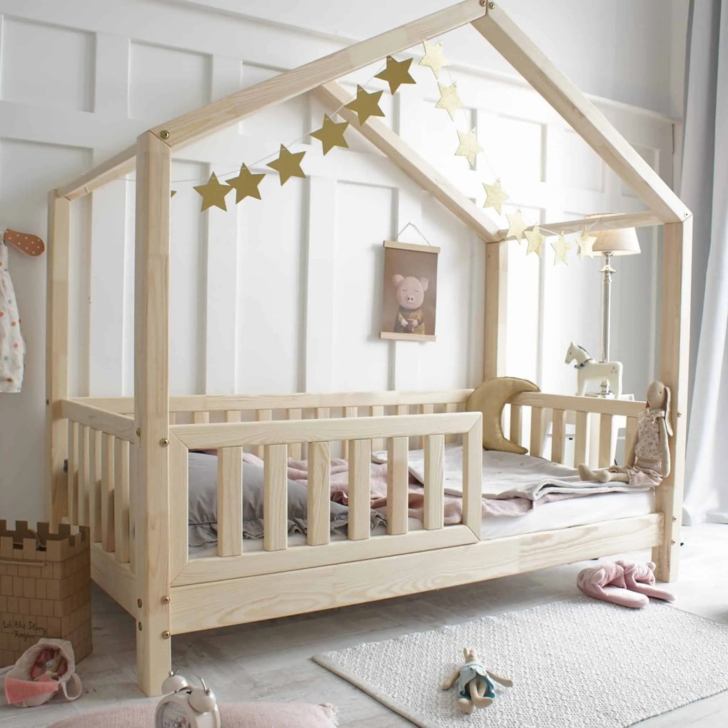 Κρεβάτι Παιδικό Montessori House Bed με κάγκελα 30cm σε Φυσικό  Ξύλο  90×190cm  Luletto (Δώρο 10% έκπτωση στο Στρώμα)