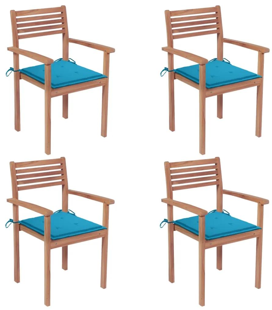 Καρέκλες Κήπου 4 Τεμαχίων από Μασίφ Ξύλο Teak με Μπλε Μαξιλάρια