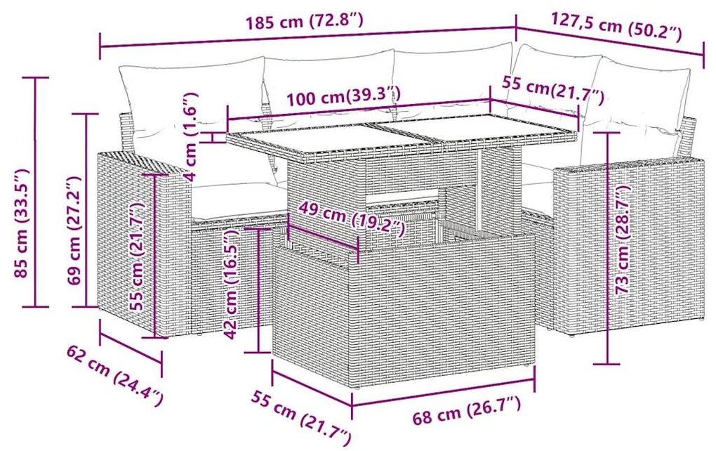 Σαλόνι Κήπου Σετ 5 Τεμαχίων Καφέ Συνθετικό Ρατάν με Μαξιλάρια - Καφέ