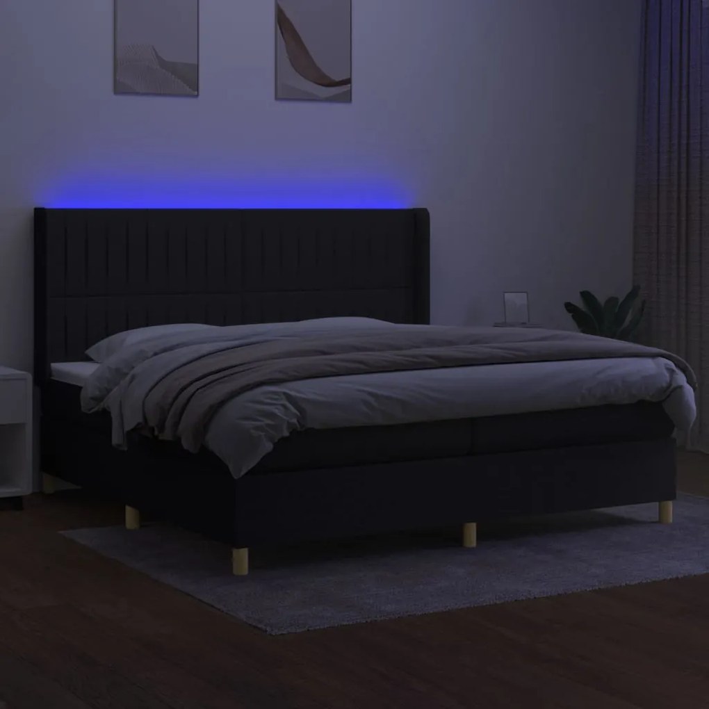 vidaXL Κρεβάτι Boxspring με Στρώμα & LED Μαύρο 200x200 εκ. Υφασμάτινο