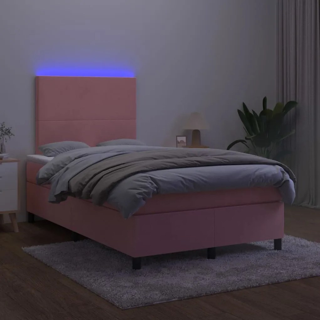 vidaXL Κρεβάτι Boxspring με Στρώμα & LED Ροζ 120x200 εκ. Βελούδινο