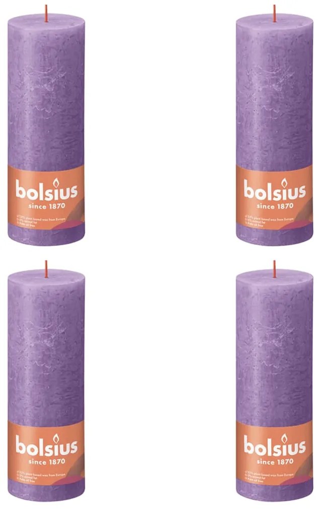 Bolsius Κεριά Κύλινδρος Ρουστίκ Shine 4 τεμ. Φωτ. Βιολετί 190 x 68 χιλ