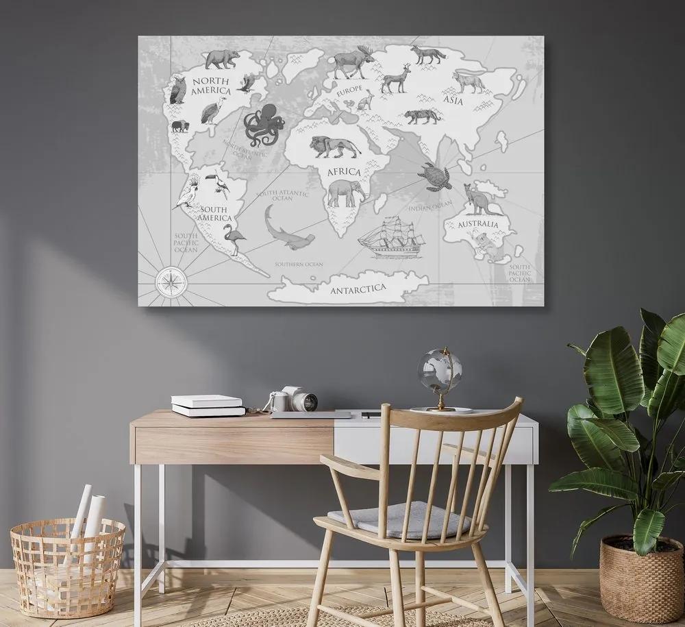 Εικόνα σε φελλό ενός ασπρόμαυρου παγκόσμιου χάρτη με ζώα - 120x80  arrow