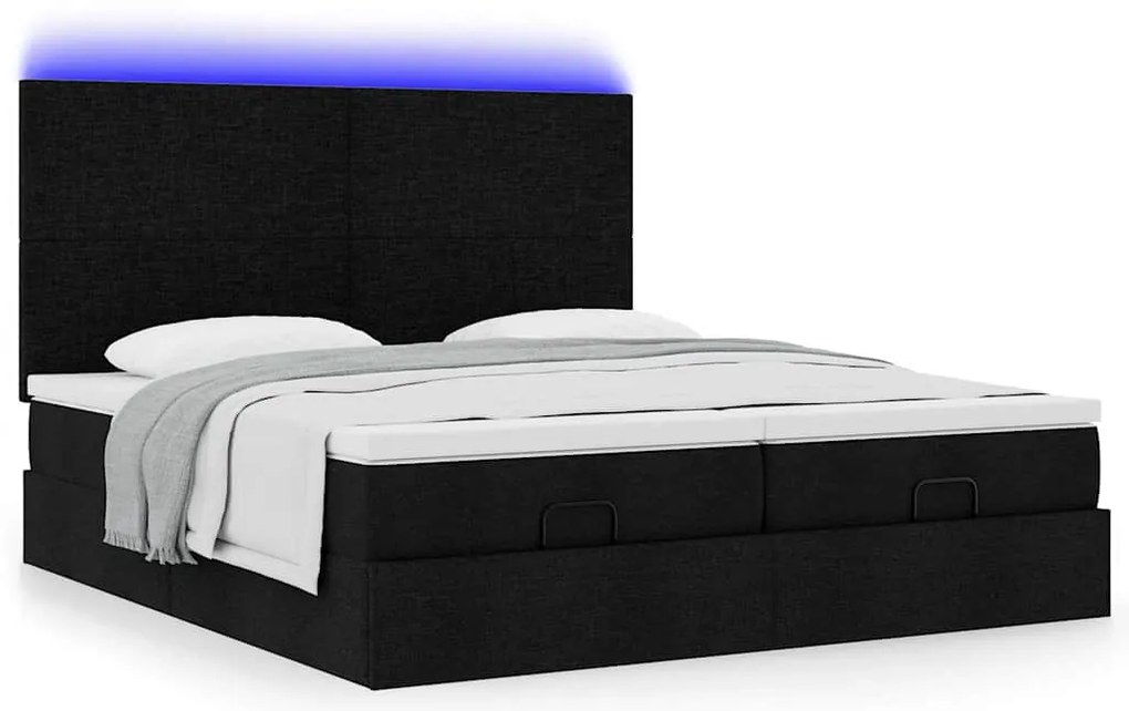 vidaXL Οθωμανικό κρεβάτι με στρώματα & LEDs Μαύρο ύφασμα 180x200cm