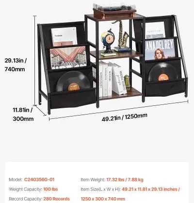VEVOR 3-Tier Record Player Stand Metal Vinyl Record Stand up to 280 Album Black