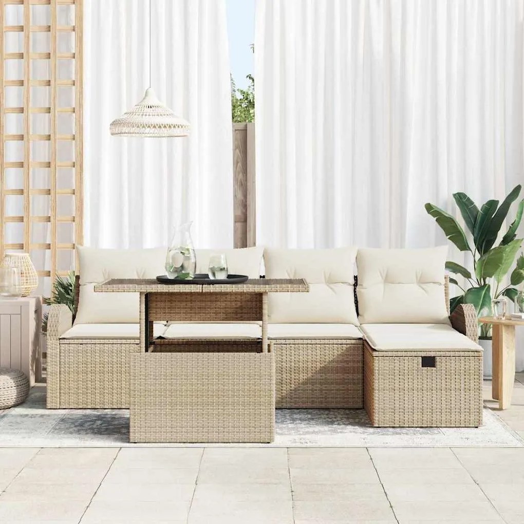 vidaXL Σετ Καναπέ Κήπου με μαξιλάρι 6 pcs Μπεζ Πολυ ράταν