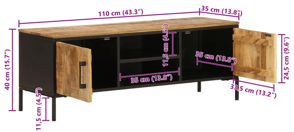 Έπιπλο Τηλεόρασης 110x35x40 εκ. Ακατέργαστο Μασίφ Ξύλο Μάνγκο - Καφέ