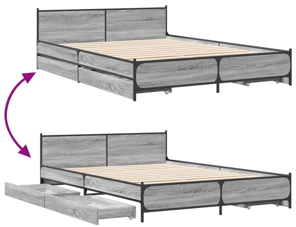 vidaXL Πλαίσιο Κρεβατιού με συρτάρια Γκρι sonoma 135x190εκ. Επεξ. Ξύλο